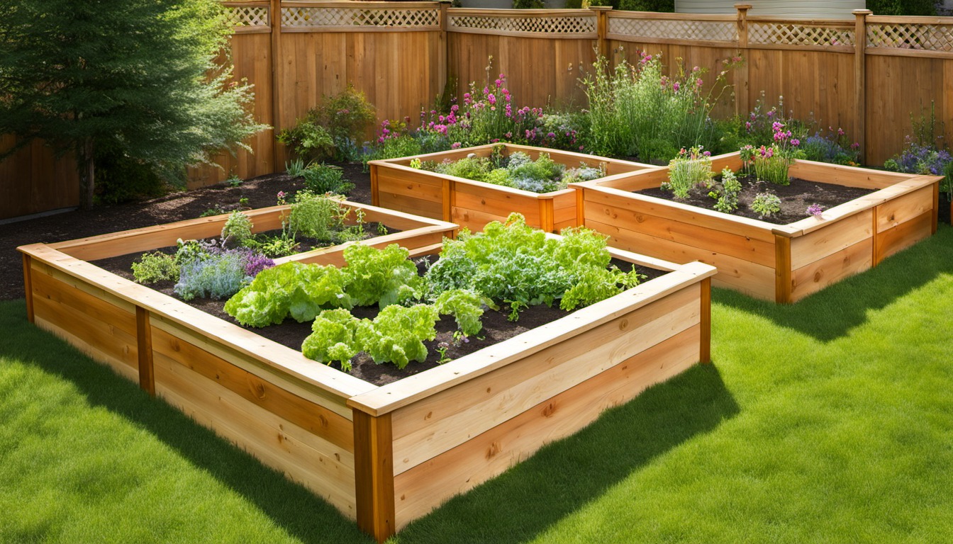 Generated illustration: cedar raised vegetable beds in a sunny backyard