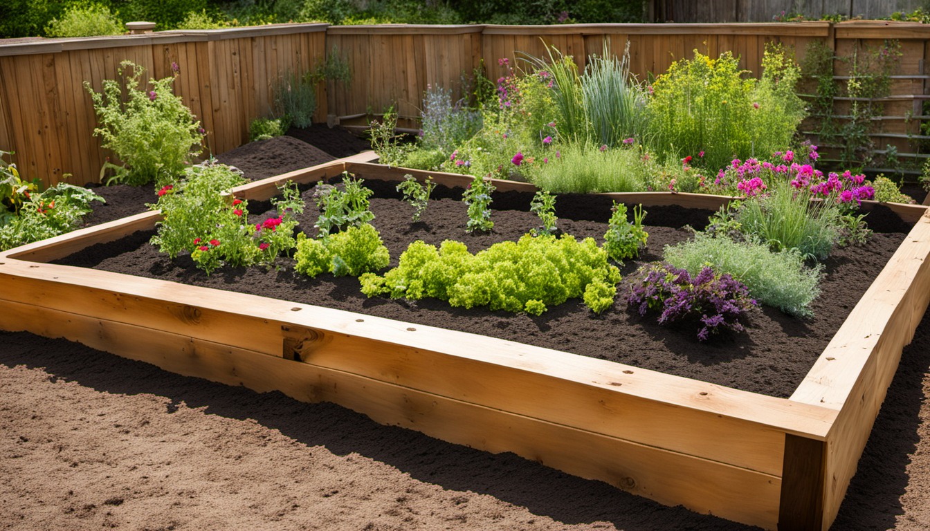 Generated illustration: a raised garden bed with leafy plants