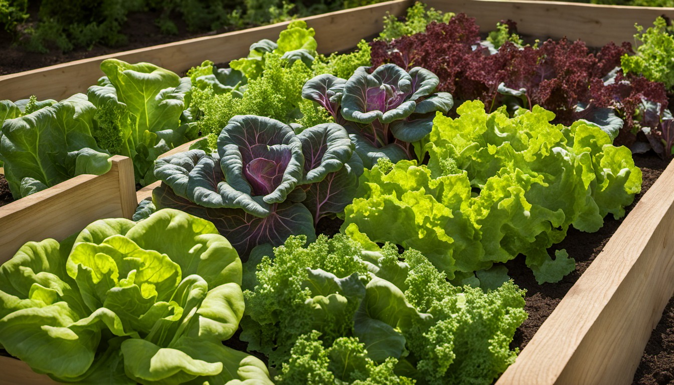 Generated illustration: mixed leafy greens in a raised vegetable bed