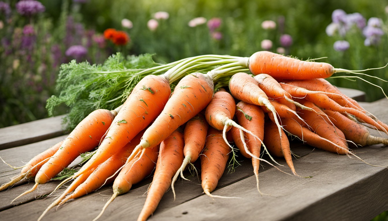 Generated illustration: freshly harvested carrots on a garden bench