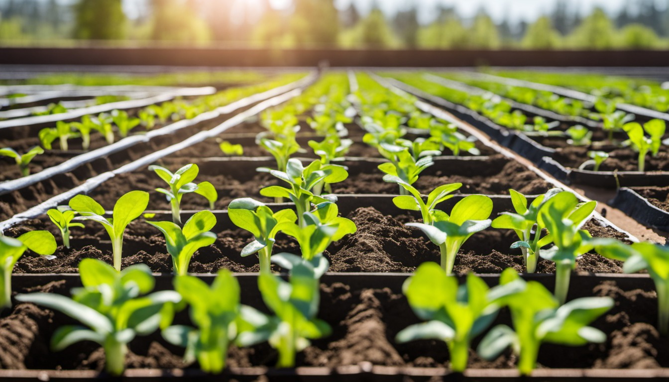 Generated illustration: young green seedlings in garden rows