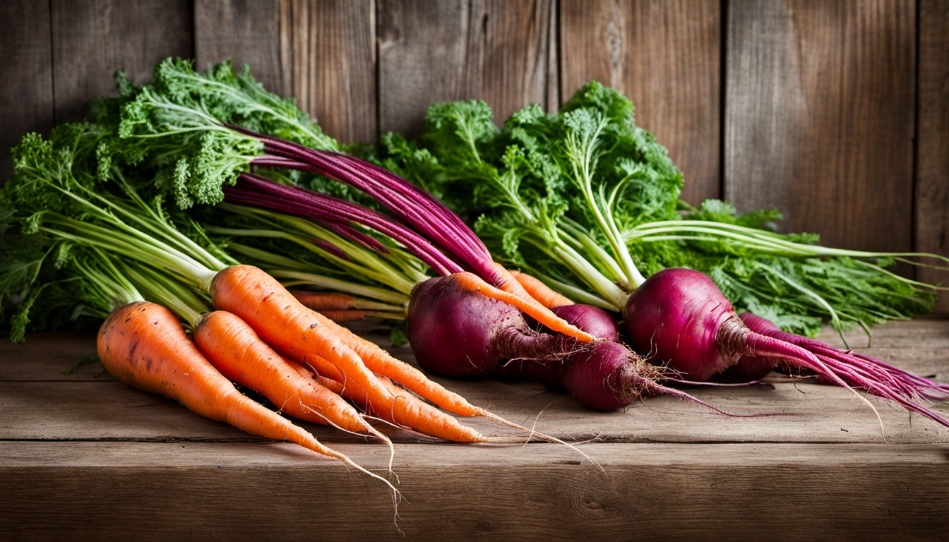 Generated illustration: fresh carrots and beets on a wooden table