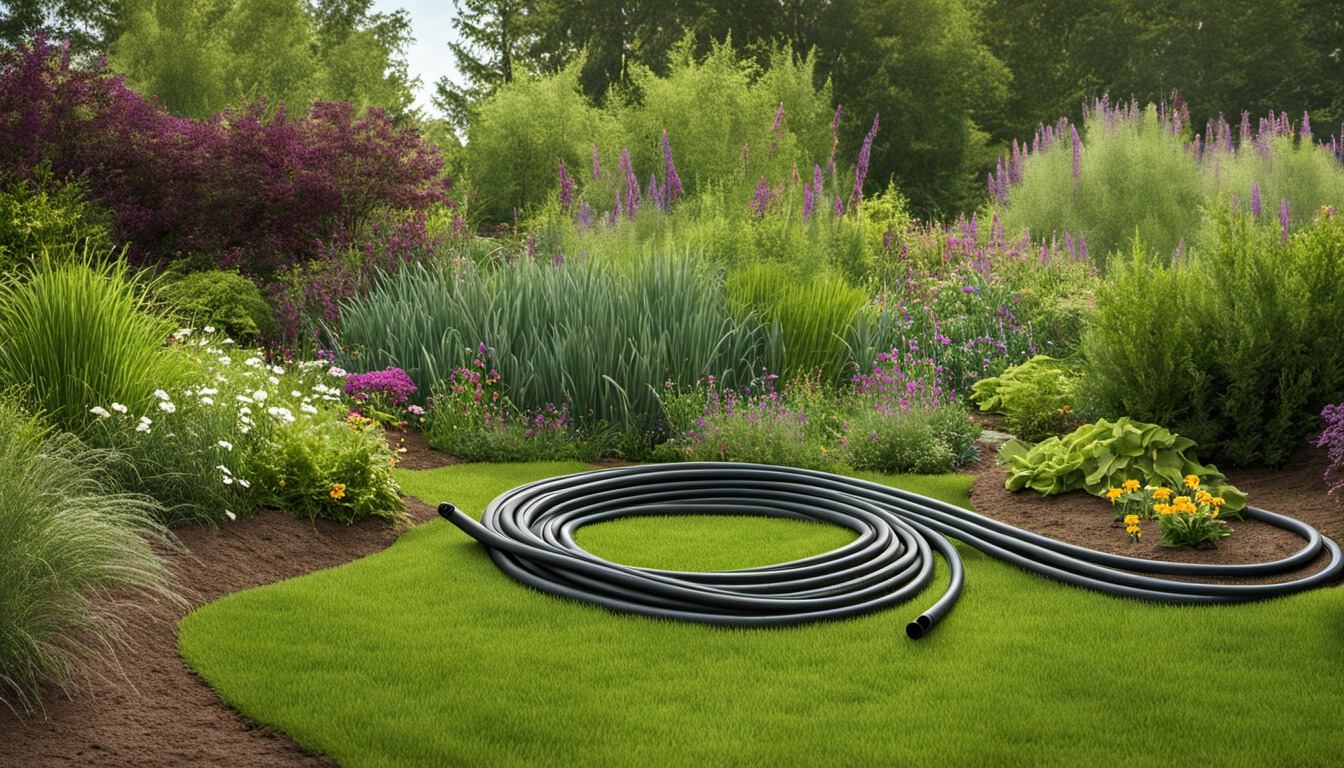 Generated illustration: a coiled garden hose beside plants