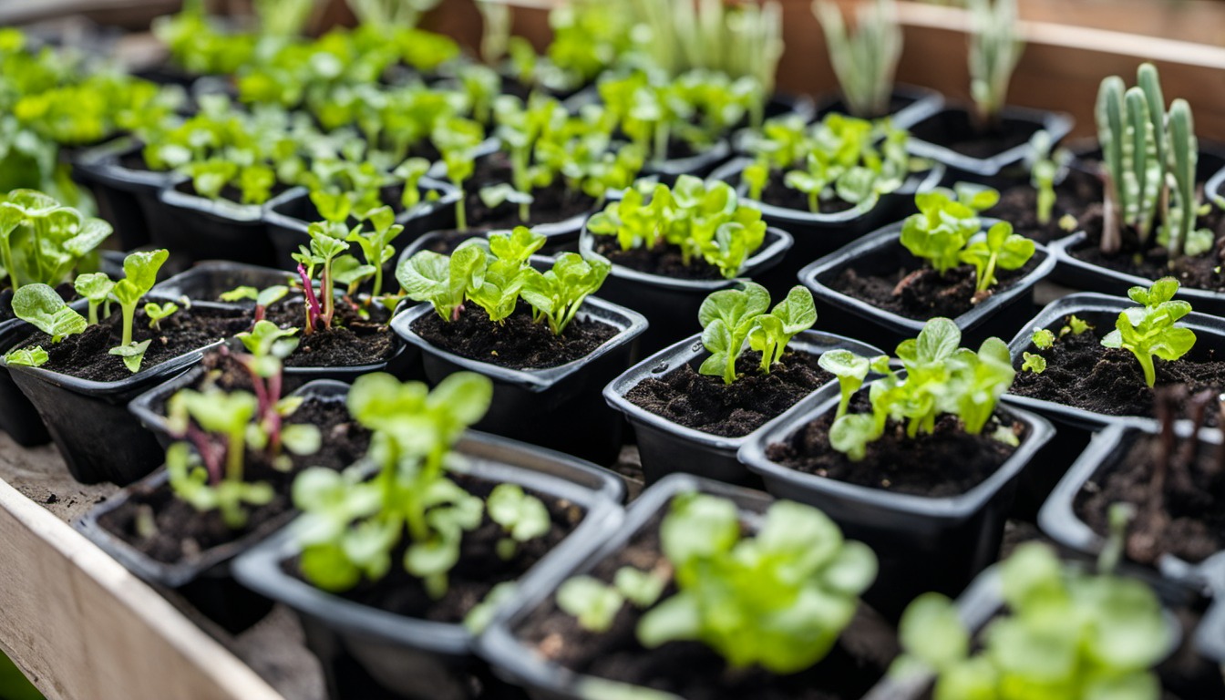 Generated illustration: small vegetable transplants in individual pots