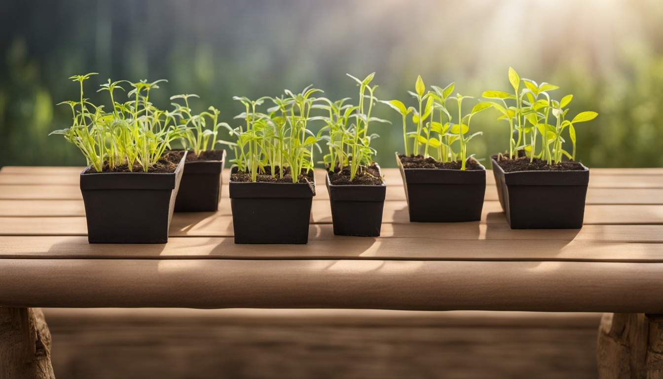 Generated illustration: young seedlings on a wooden garden bench