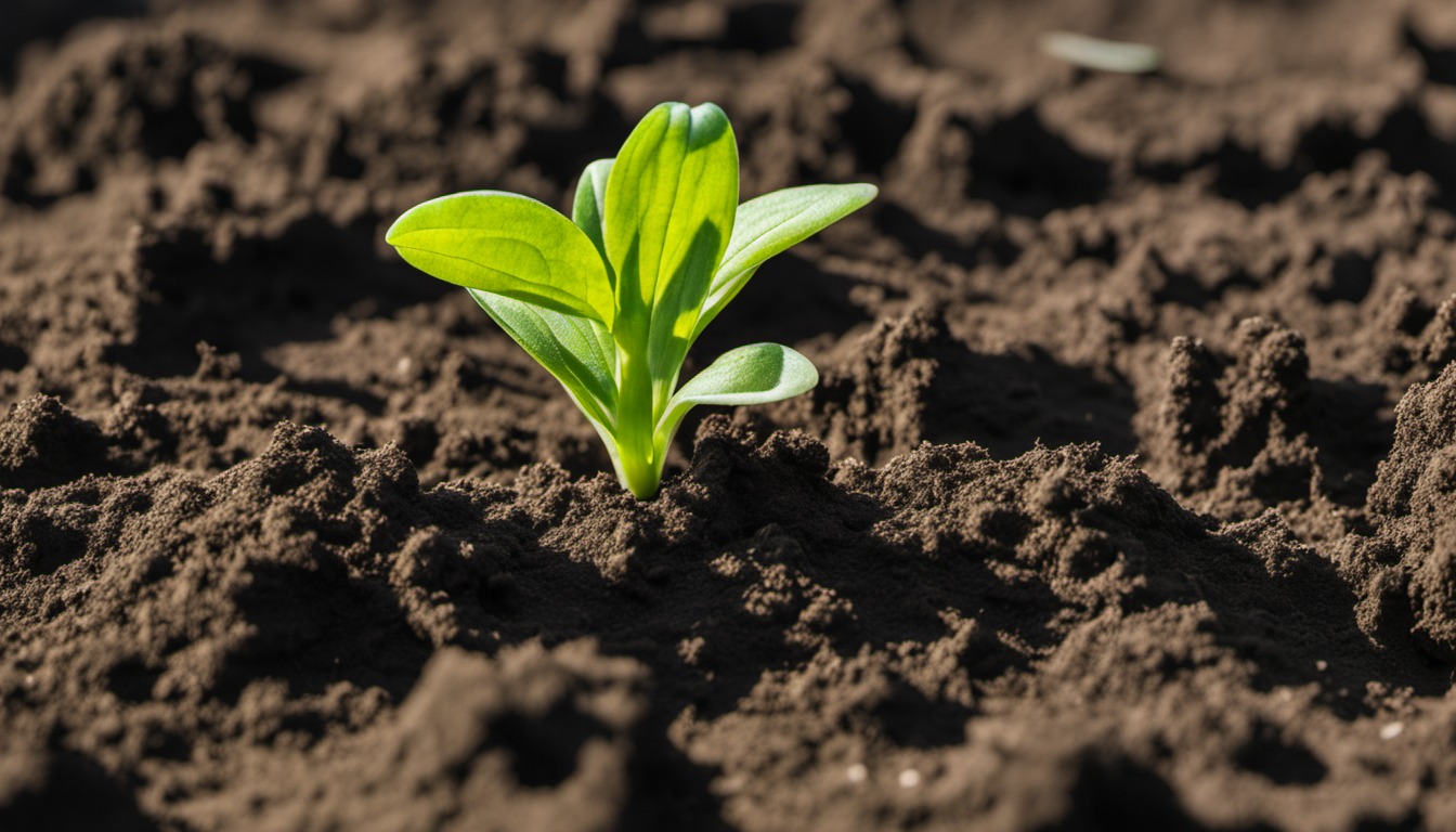 Generated illustration: close view of garden soil and young green leaves