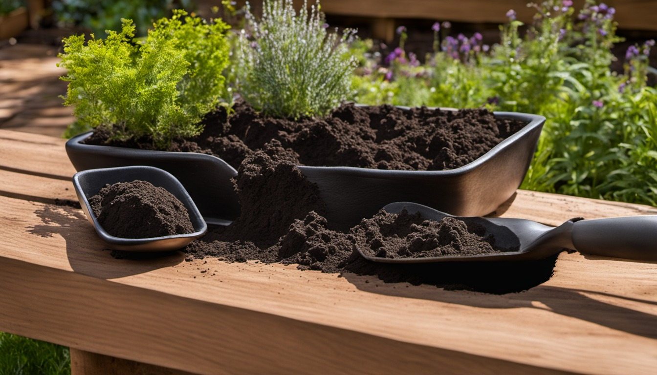 Generated illustration: soil and garden scoops on a wooden bench