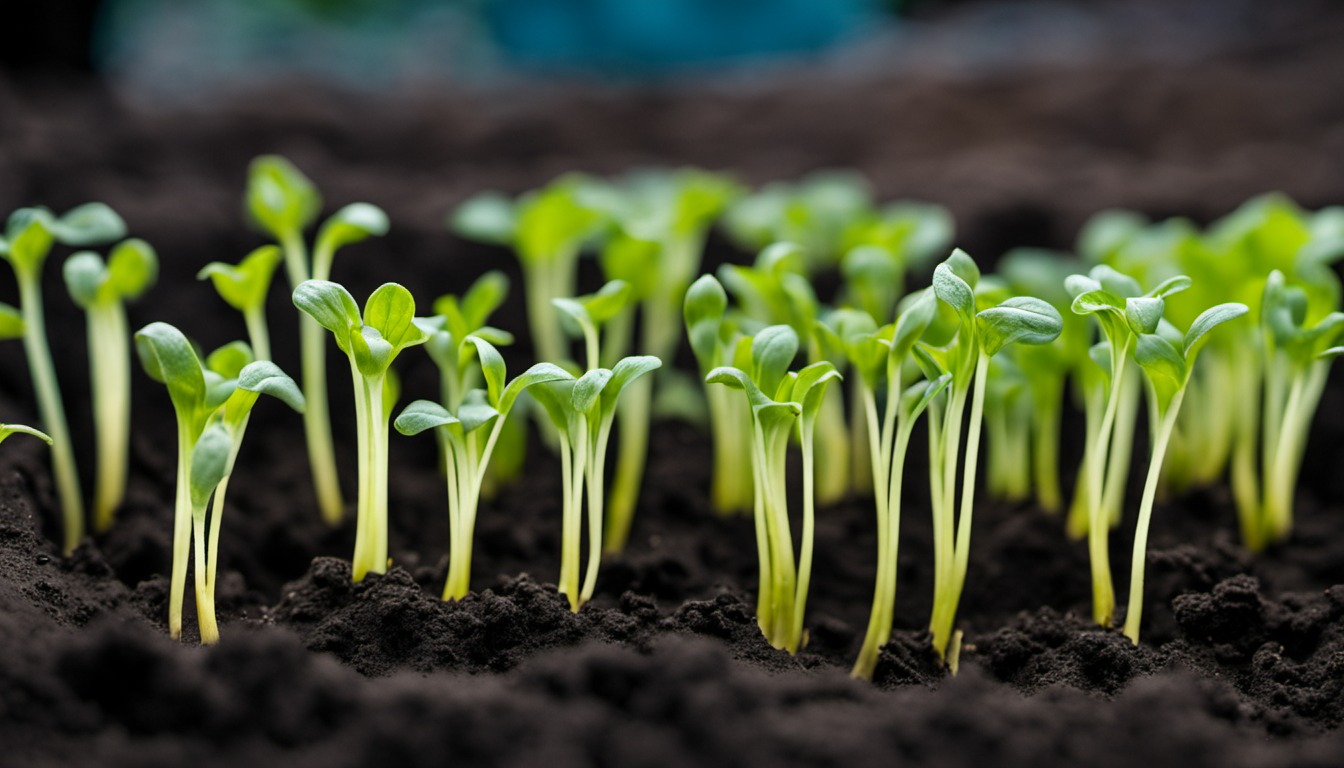 Generated illustration: young seedlings growing in dark soil