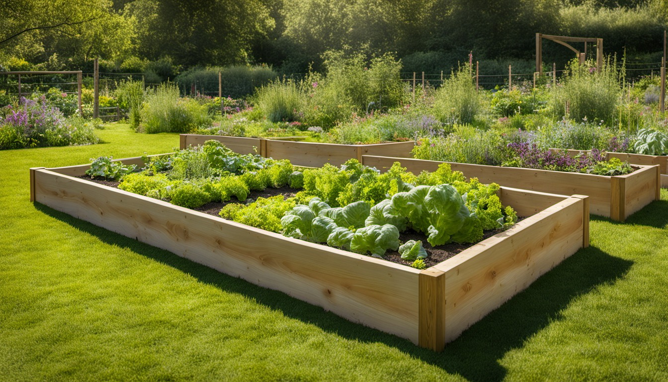 Generated illustration: raised beds with leafy greens in a sunny garden