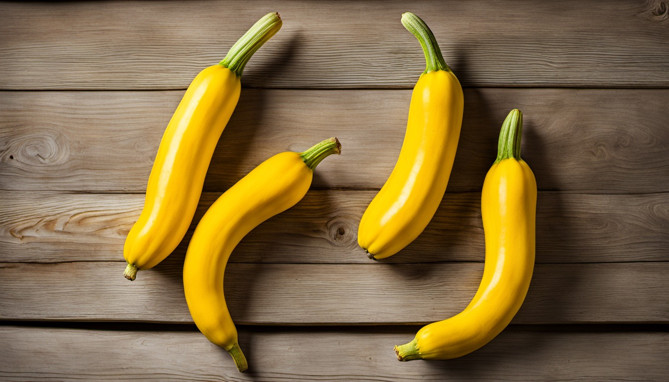 Generated illustration: harvested yellow summer squash on a wooden table