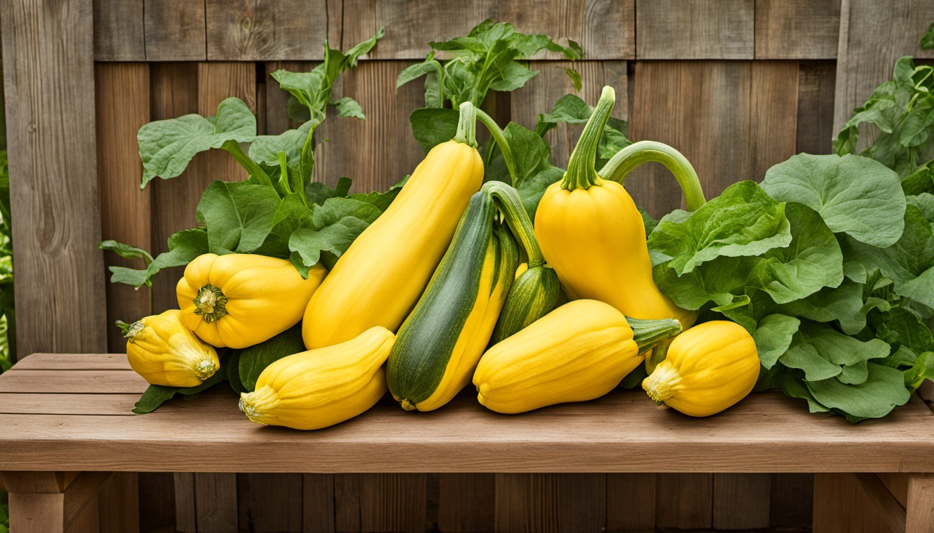 Generated illustration: harvested yellow squash on a wooden bench