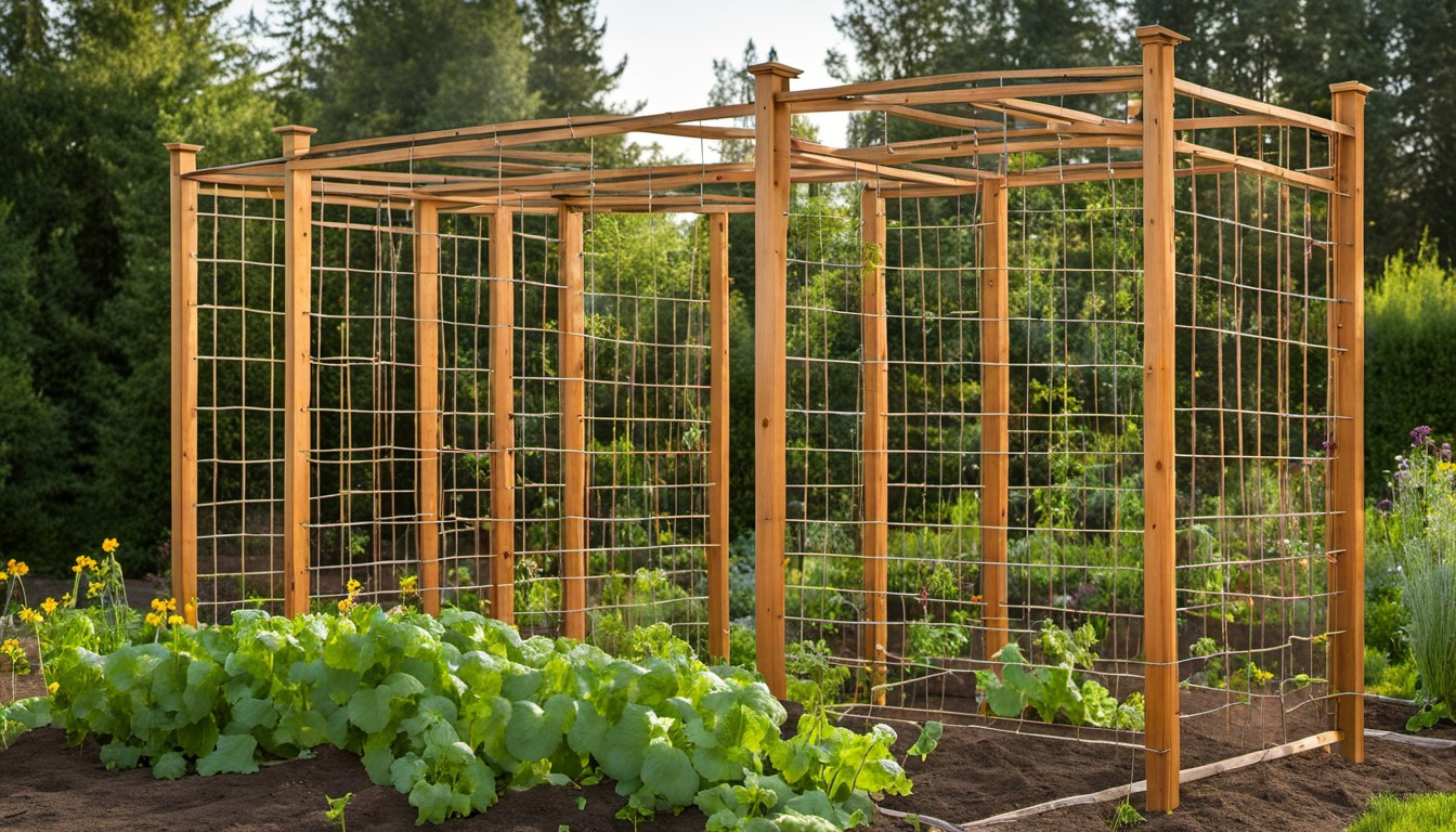 Generated illustration: sturdy trellis in a backyard vegetable garden