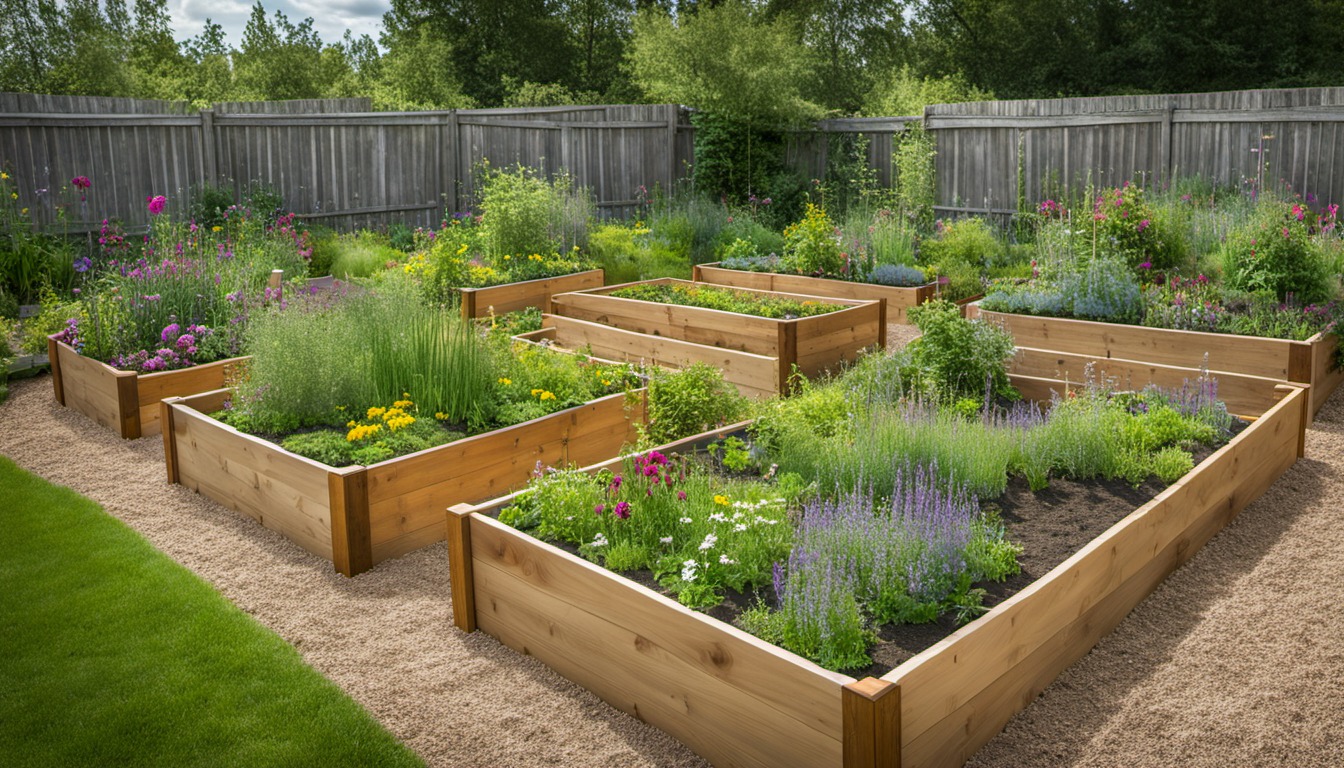 Generated illustration: raised beds in a backyard garden