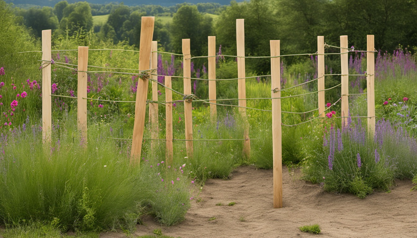 Generated illustration: wooden stakes supporting a garden trellis