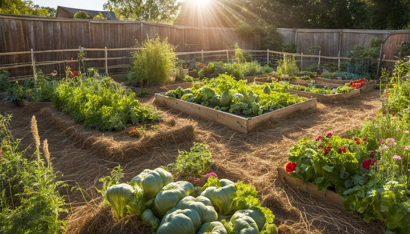 Generated illustration: sunlit vegetable garden with straw mulch