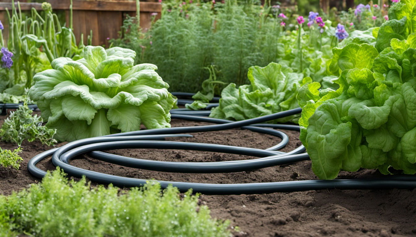 Generated illustration: a garden hose beside leafy vegetables