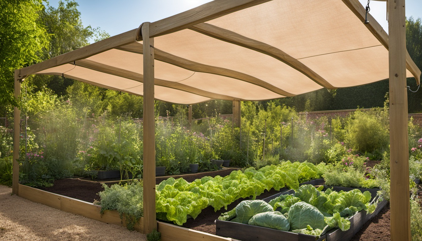 Generated illustration: a simple shade cloth canopy over a vegetable bed