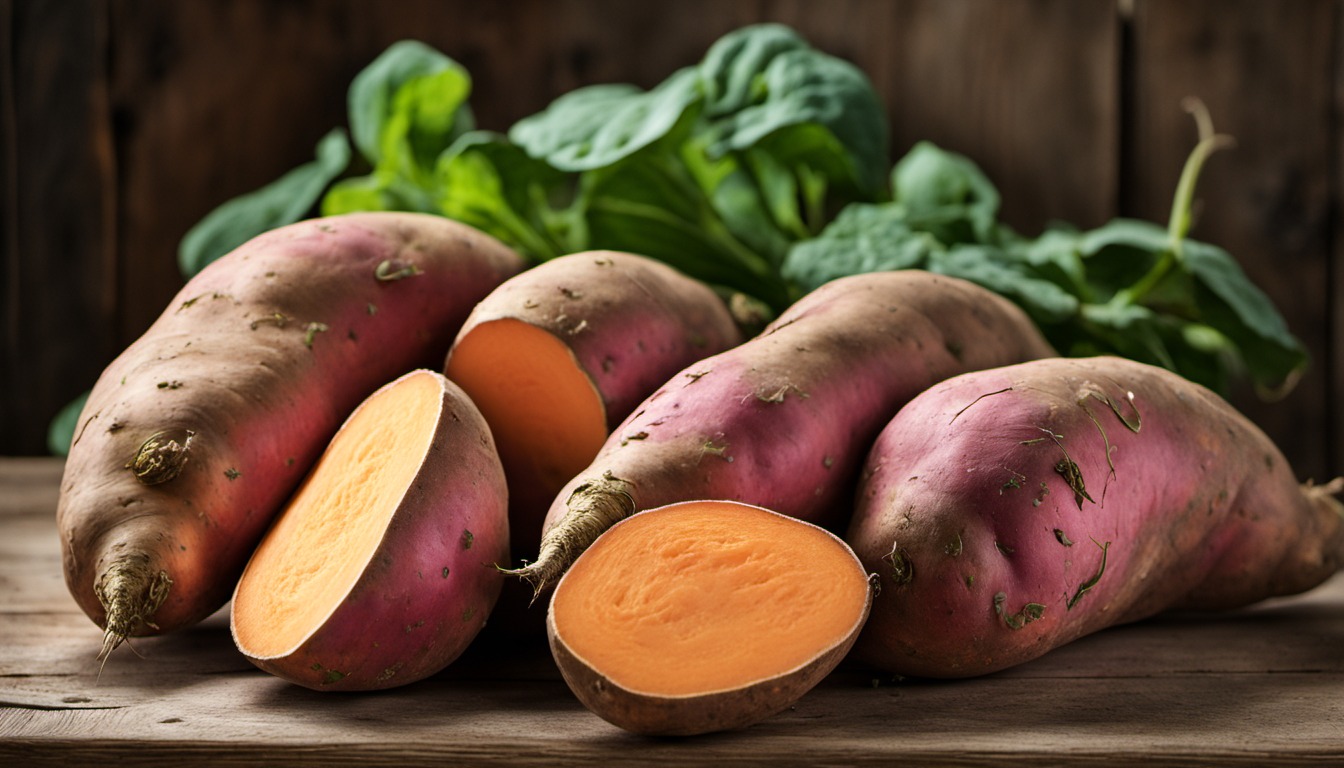 Generated illustration: sweet potatoes on a wooden table