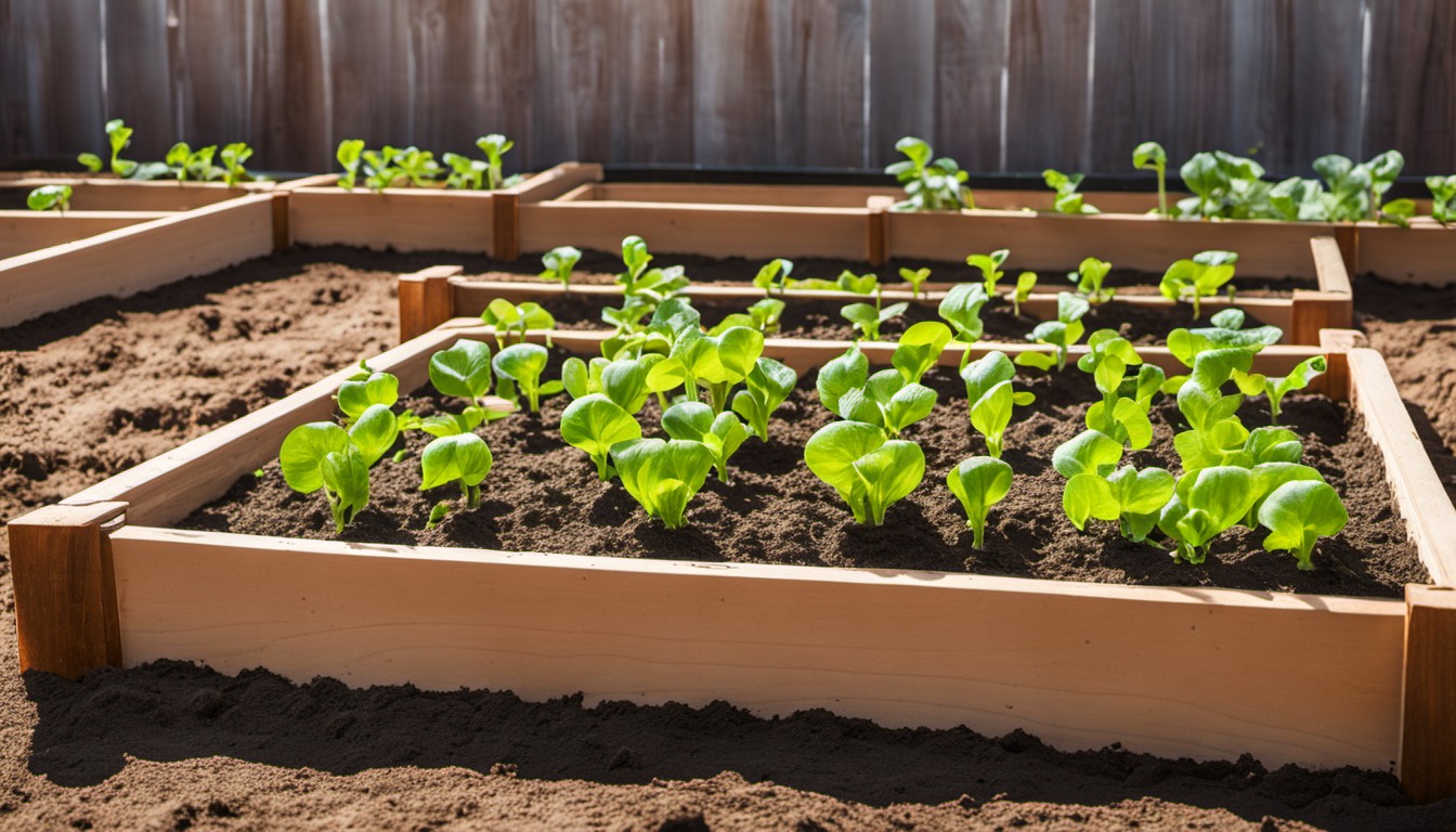 Generated illustration: young green seedlings in a raised garden bed