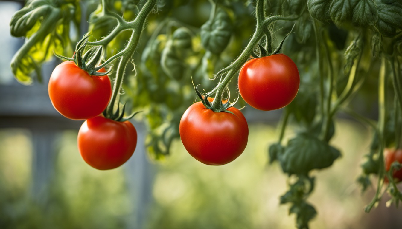Generated illustration: red tomatoes hanging from a tomato plant