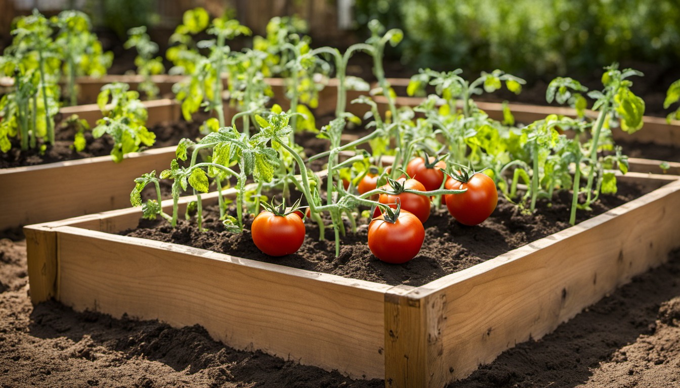 Generated illustration: tomato plants with fruit in a raised bed