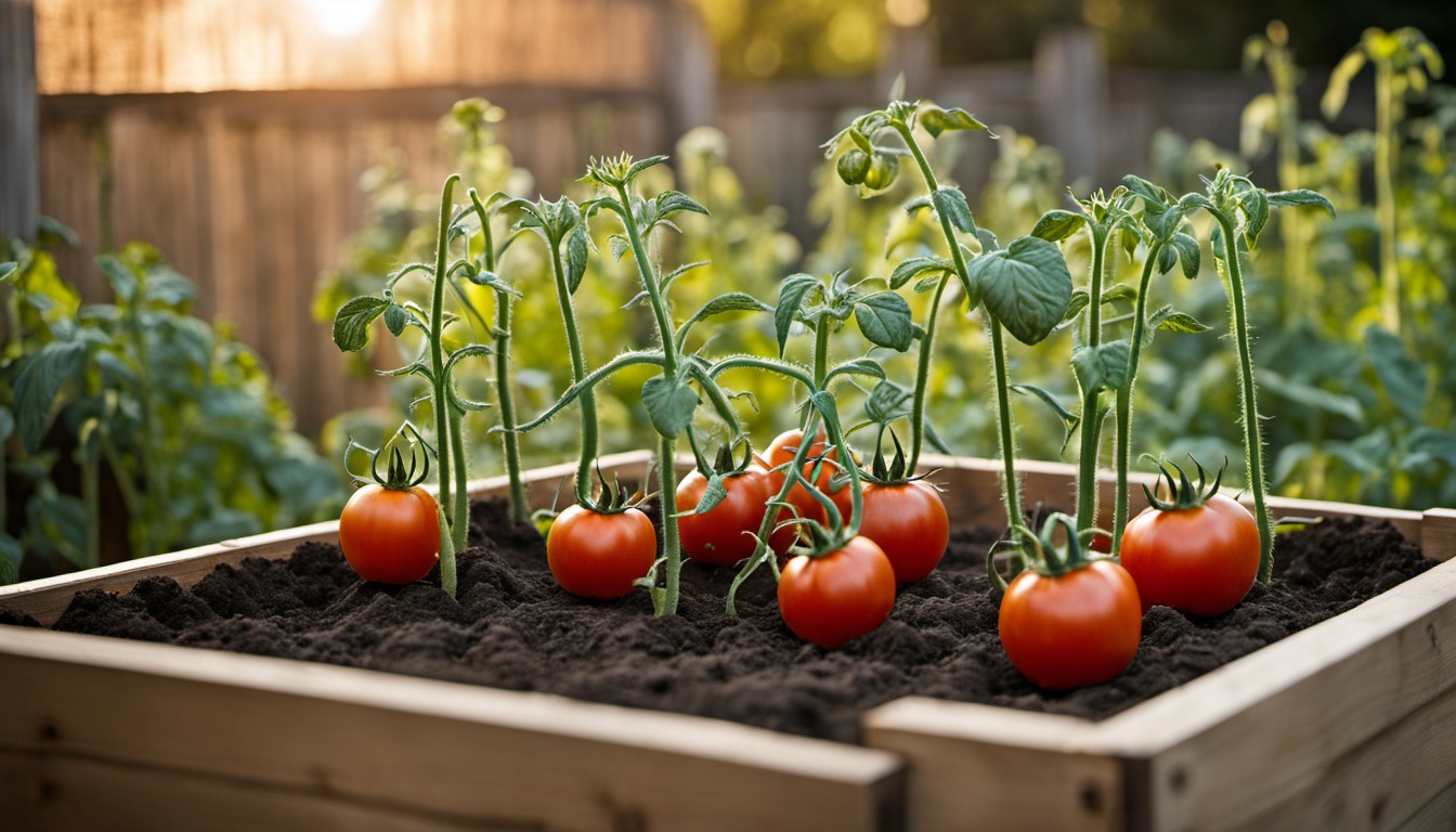 Generated illustration: a staked tomato plant growing in a raised bed