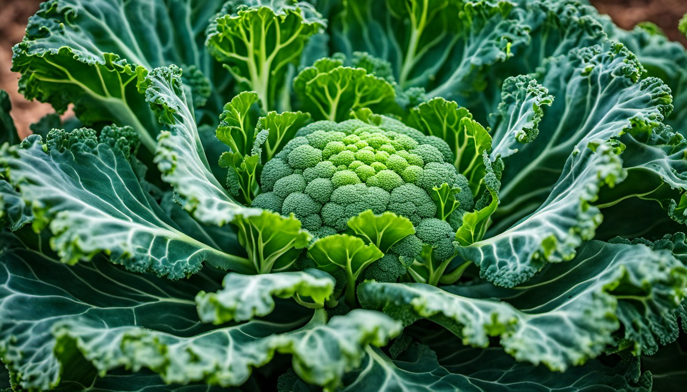 Generated illustration: a broccoli head surrounded by green leaves