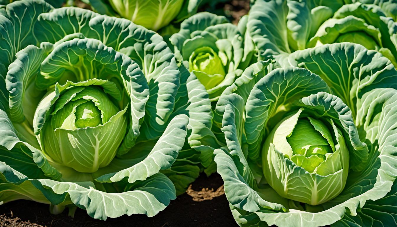 Generated illustration: green cabbage heads growing in a garden