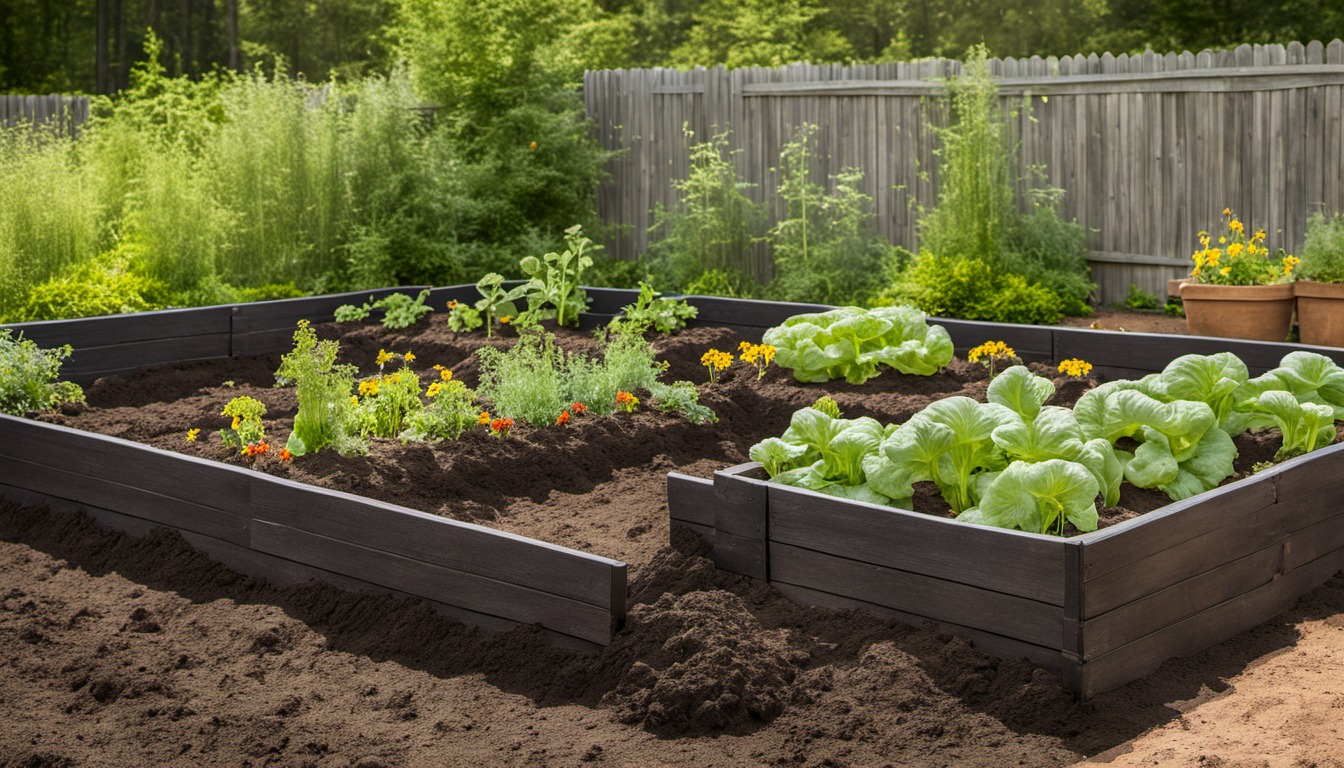 Generated illustration: leafy vegetables in raised garden beds