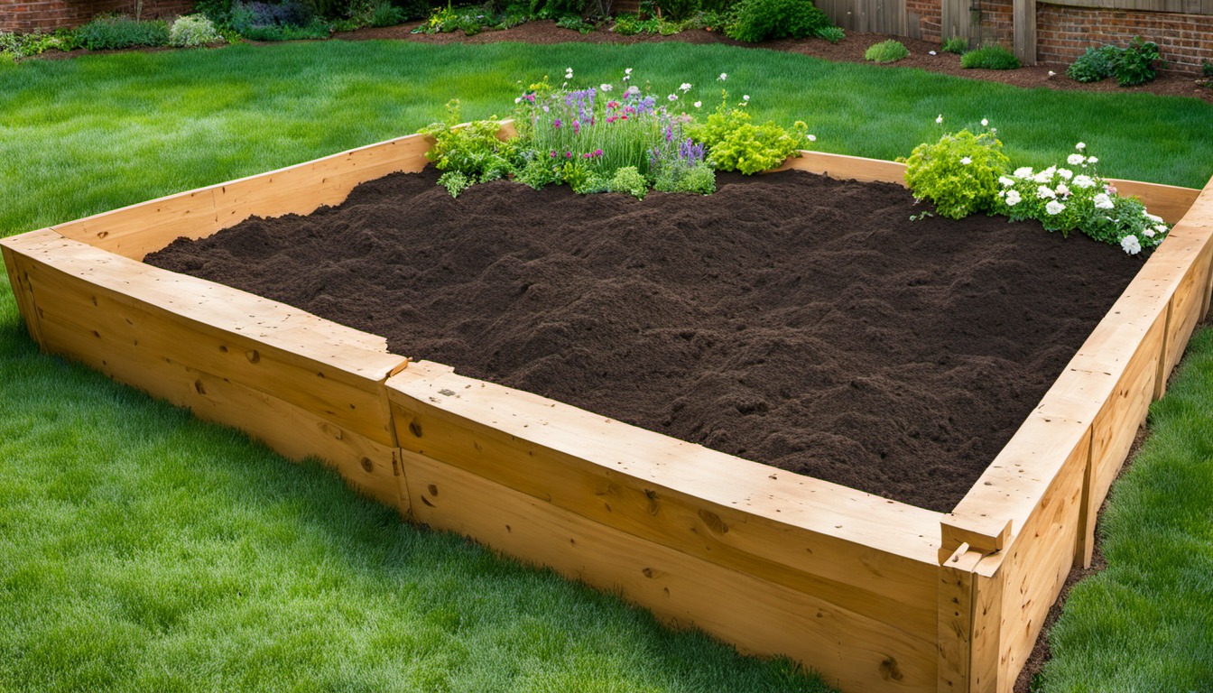 Generated illustration: raised bed filled with dark soil