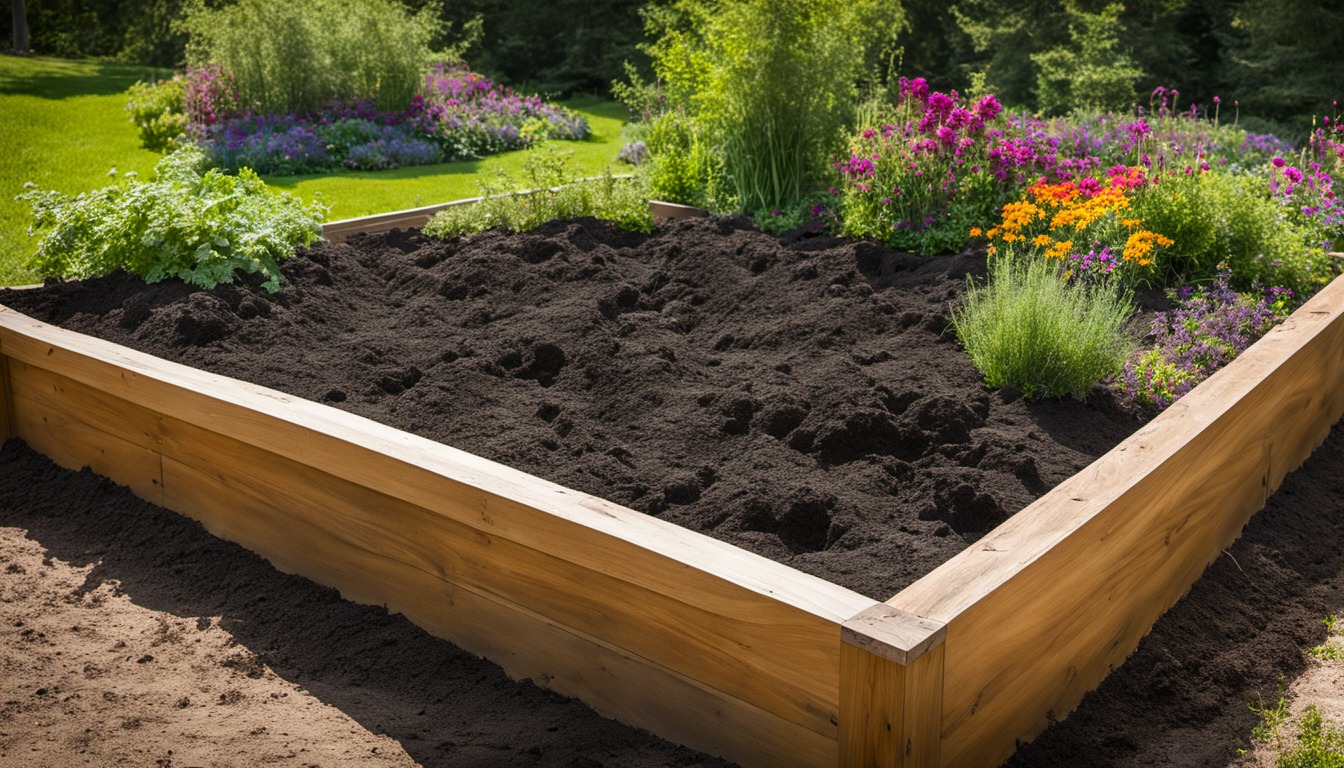 Generated illustration: raised garden bed filled with dark soil