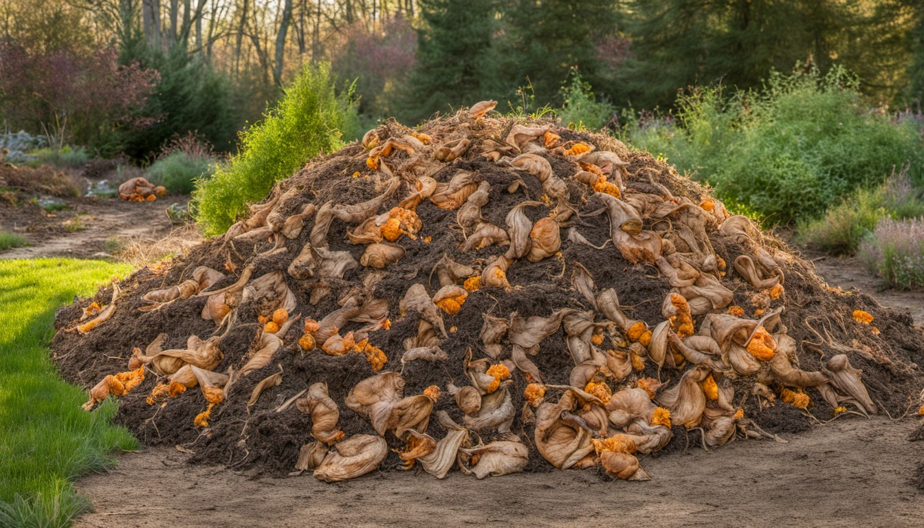 Generated illustration: garden compost pile with dried leaves