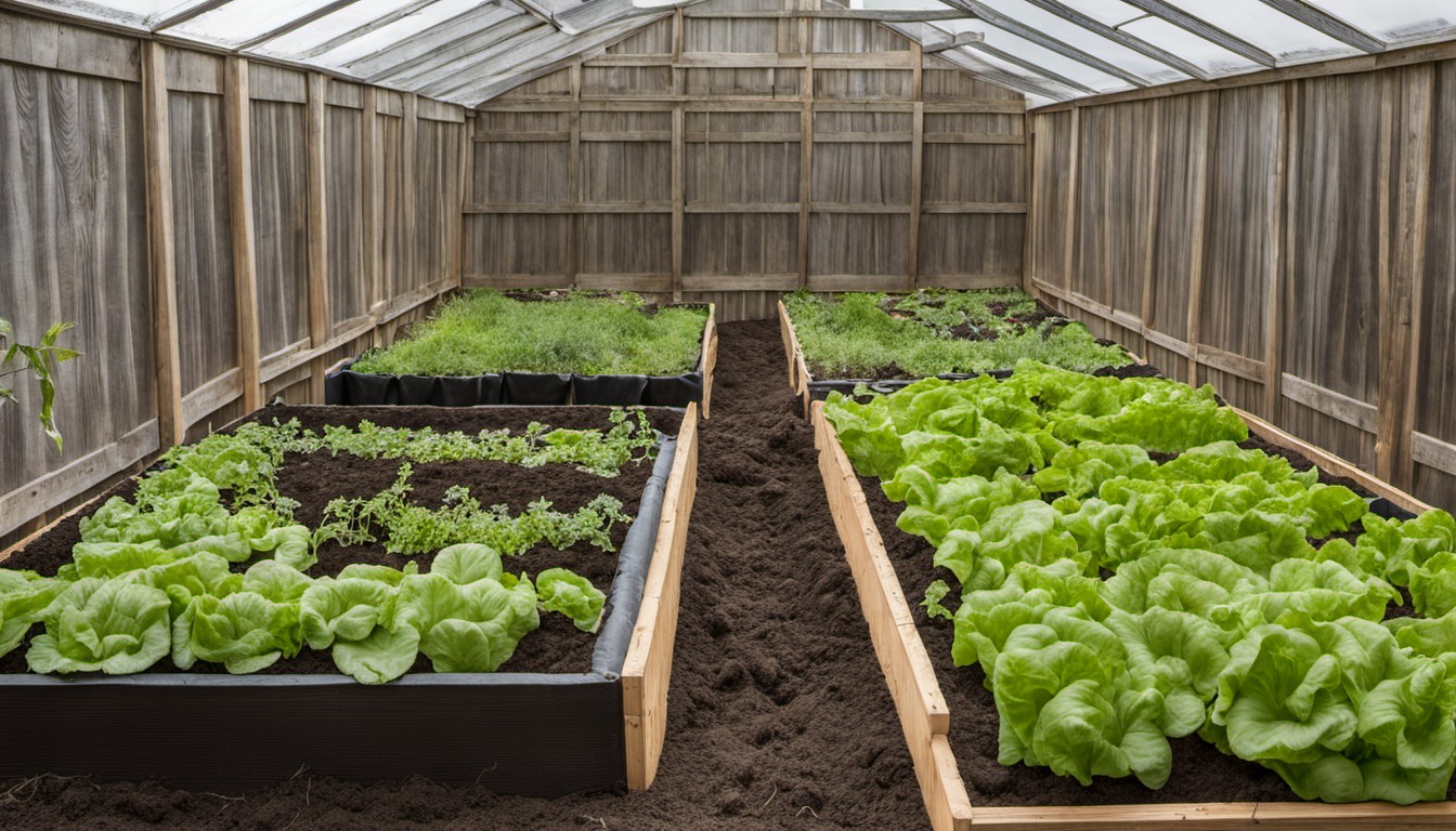 Generated illustration: leafy garden beds inside a growing structure