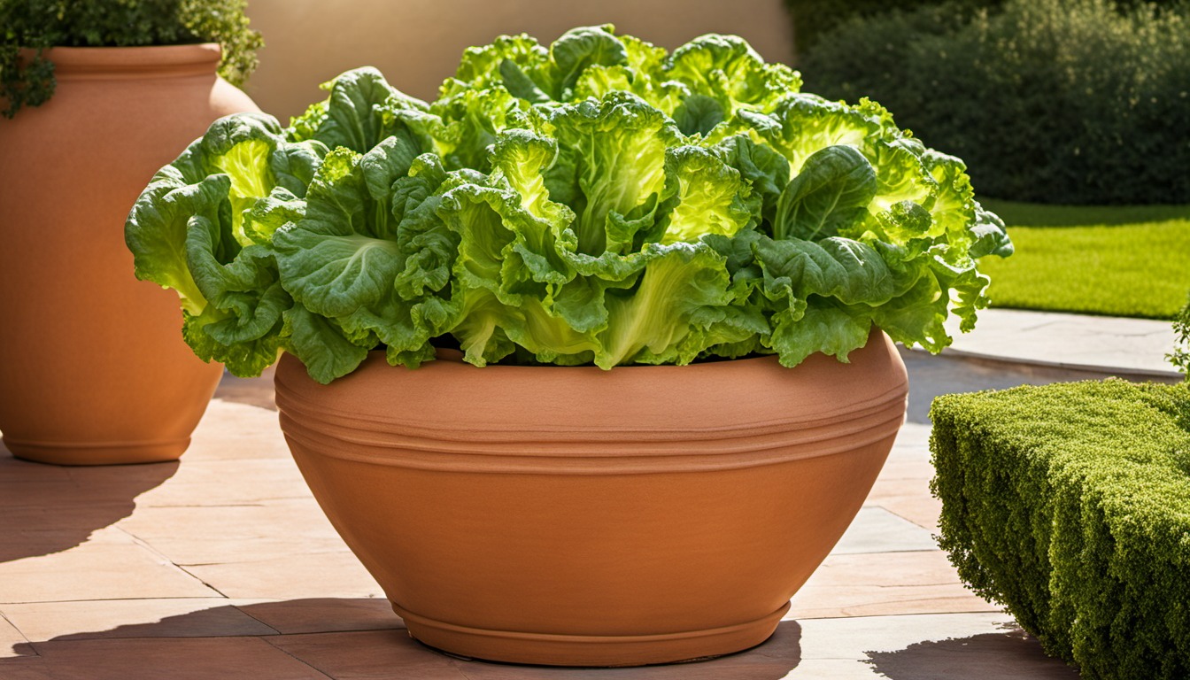 Generated illustration: lettuce growing in a large patio pot