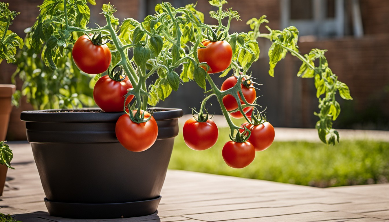Generated illustration: tomato plant growing in a patio pot
