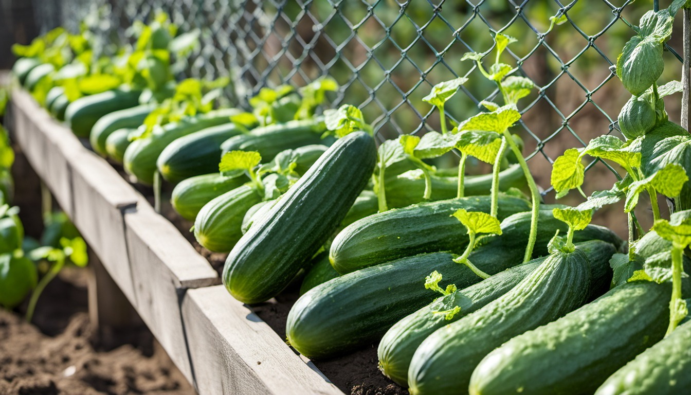 Generated illustration: cucumbers alongside a garden trellis