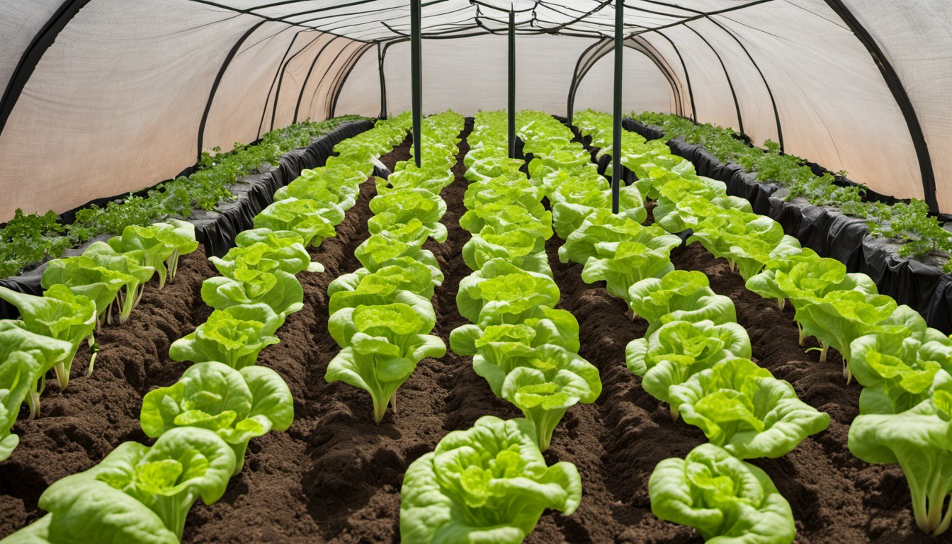 Generated illustration: lettuce growing under a covered garden structure