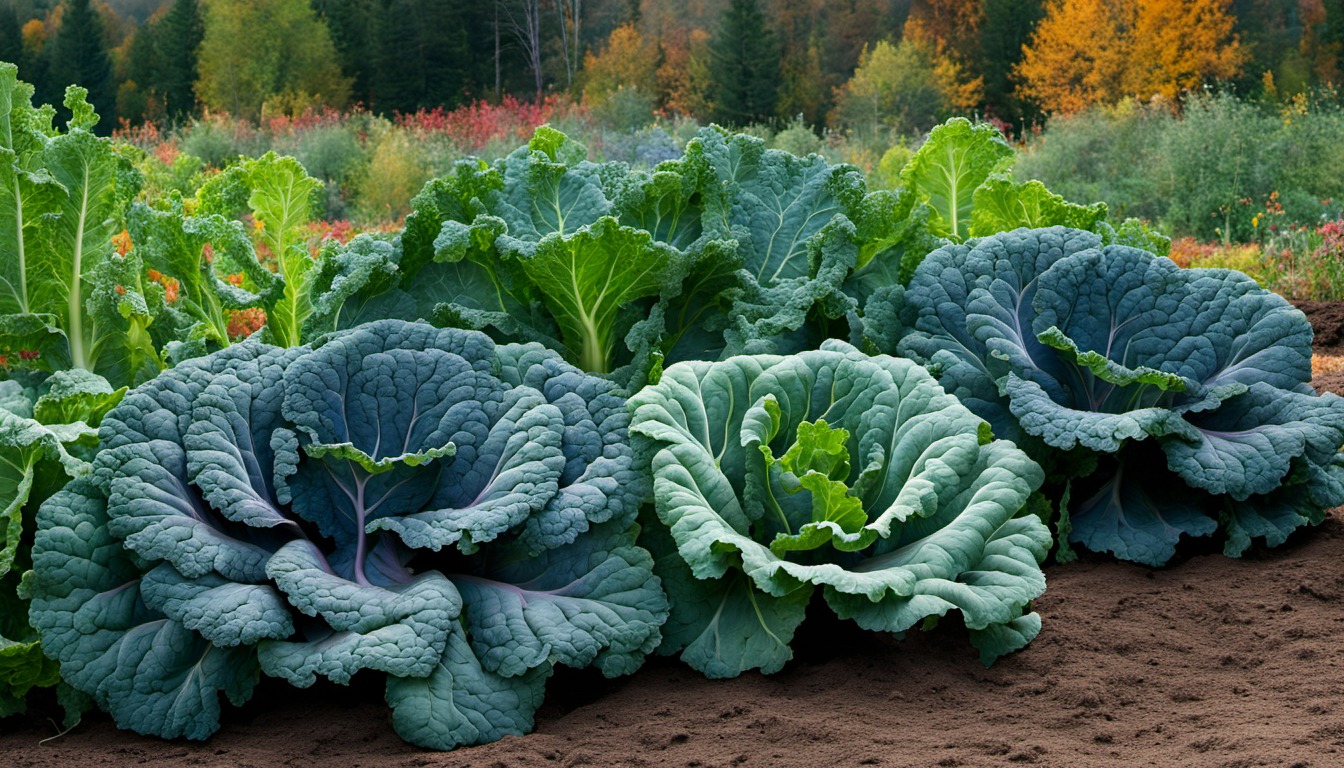 Generated illustration: mature cabbage and greens in a garden