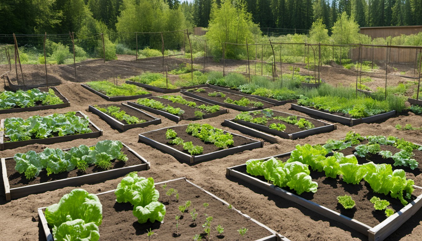Generated illustration: young vegetable beds in spring