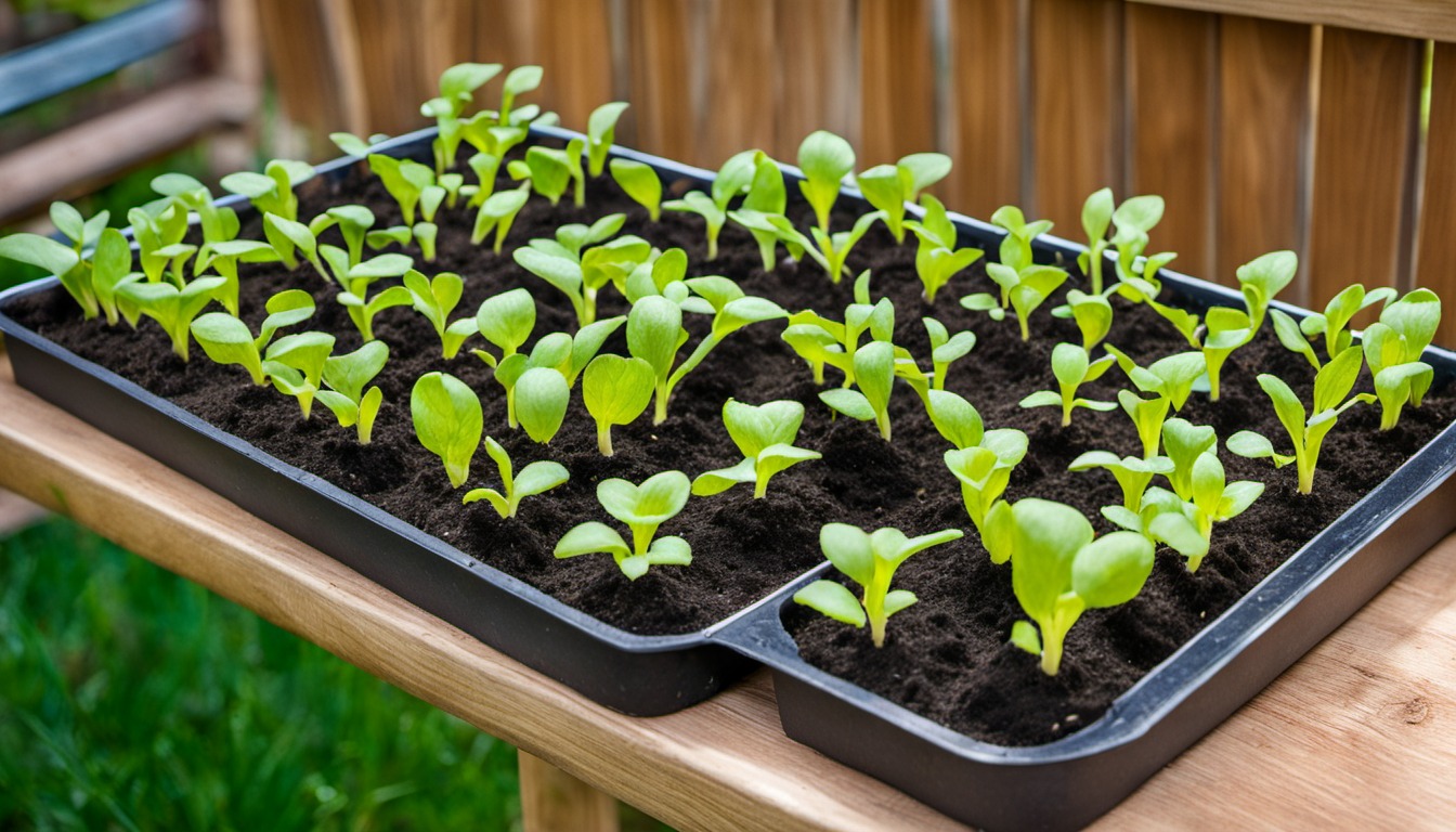 Generated illustration: seedlings in a propagation tray on a garden bench