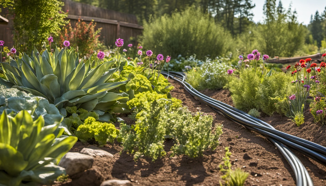 Generated illustration: garden plants with irrigation lines