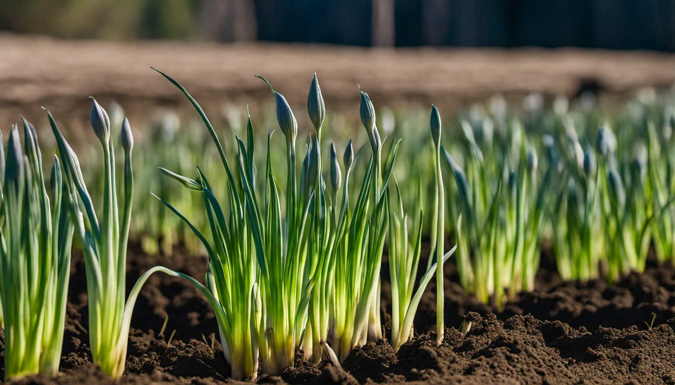 Generated illustration: green garlic leaves growing in garden soil