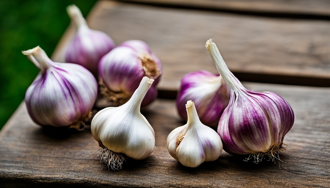 Generated illustration: garlic bulbs on a wooden bench
