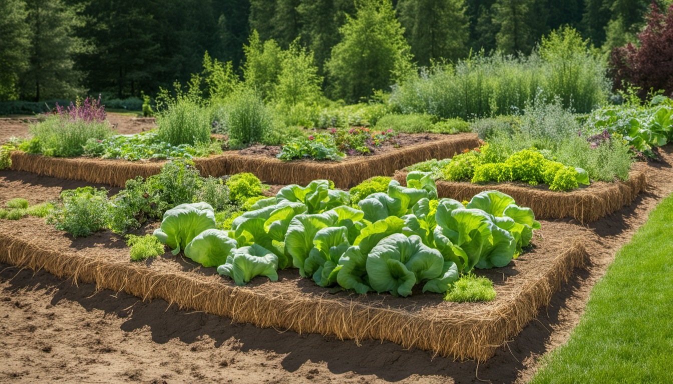 Generated illustration: leafy vegetable bed with straw at the edge