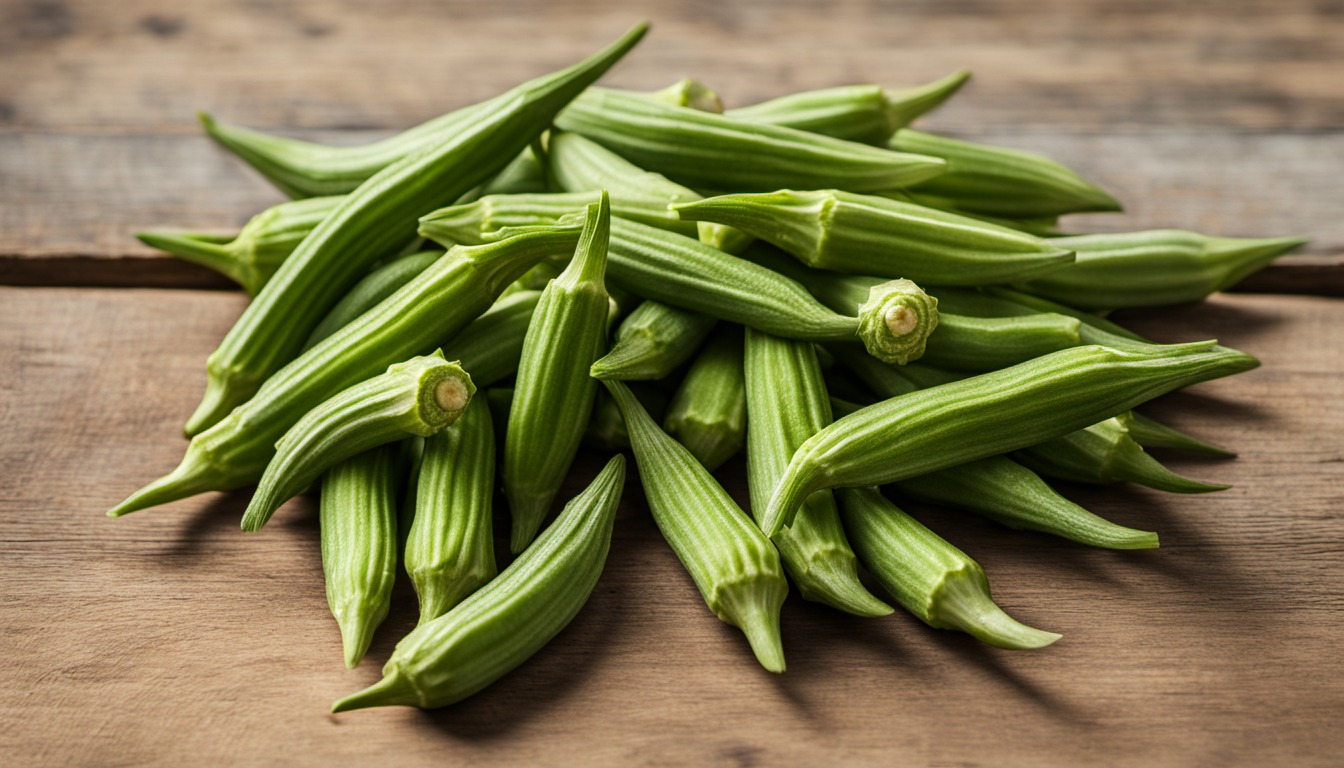 Generated illustration: fresh green okra pods on a table