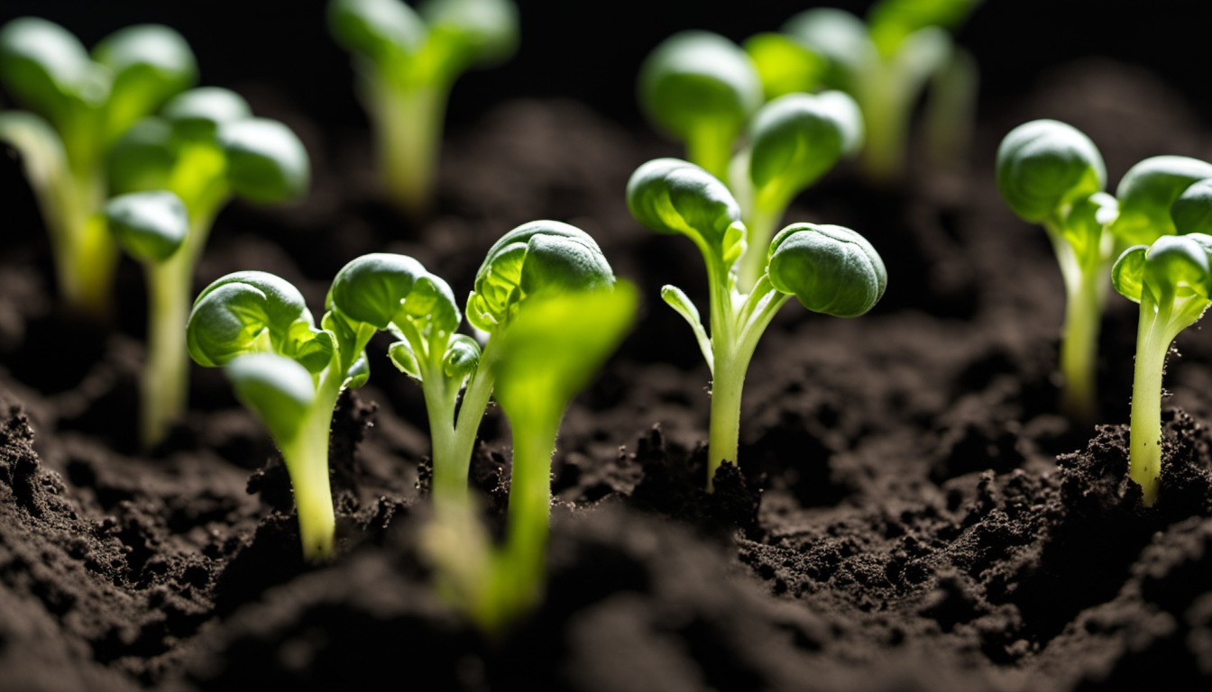 Generated illustration: young seedlings growing in dark soil