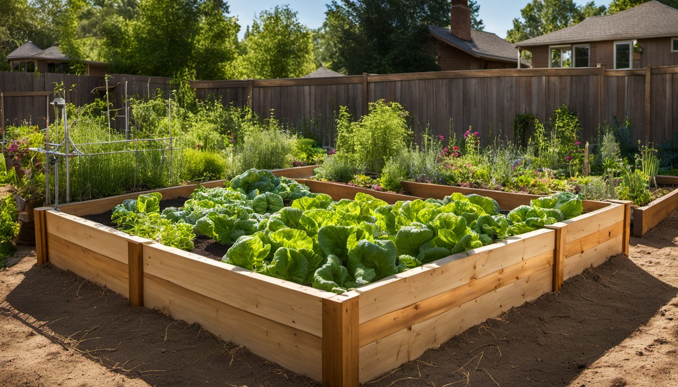 Generated illustration: raised vegetable bed in a backyard