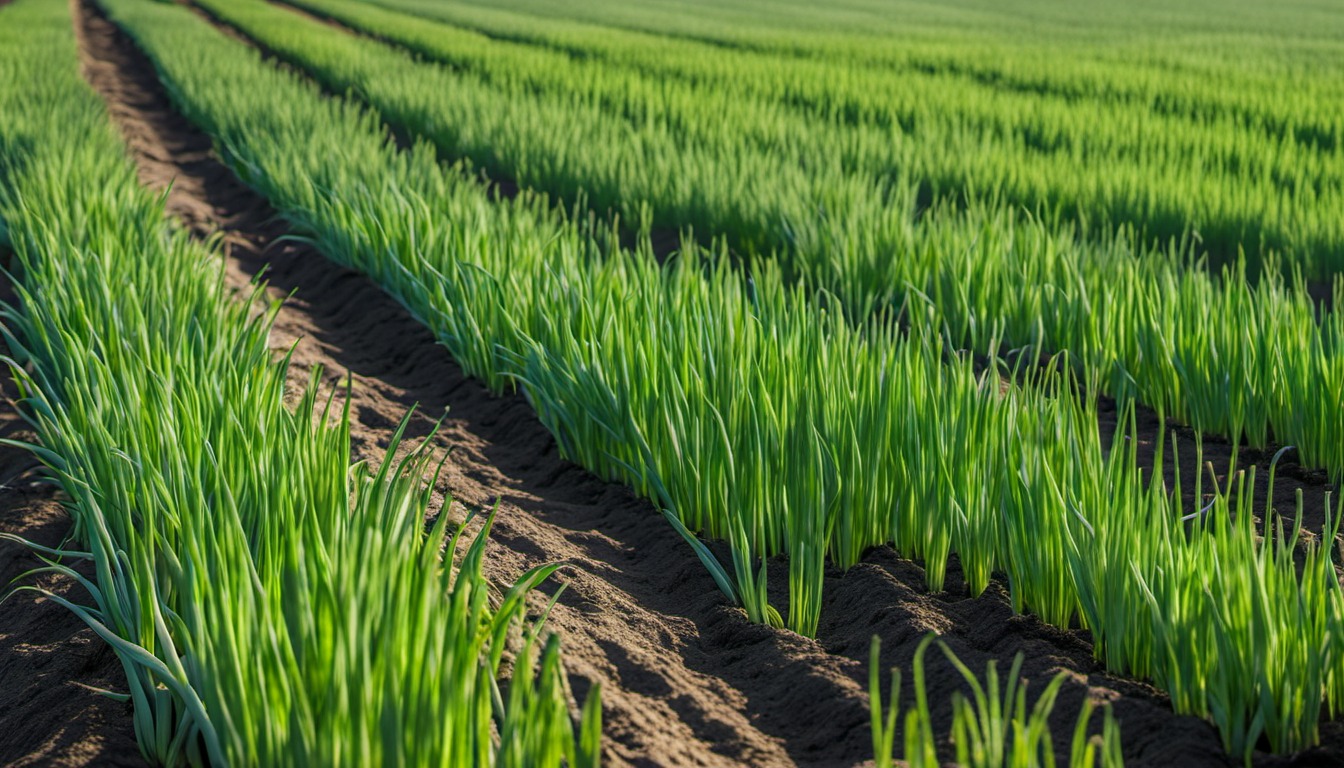 Generated illustration: rows of green plants in garden soil