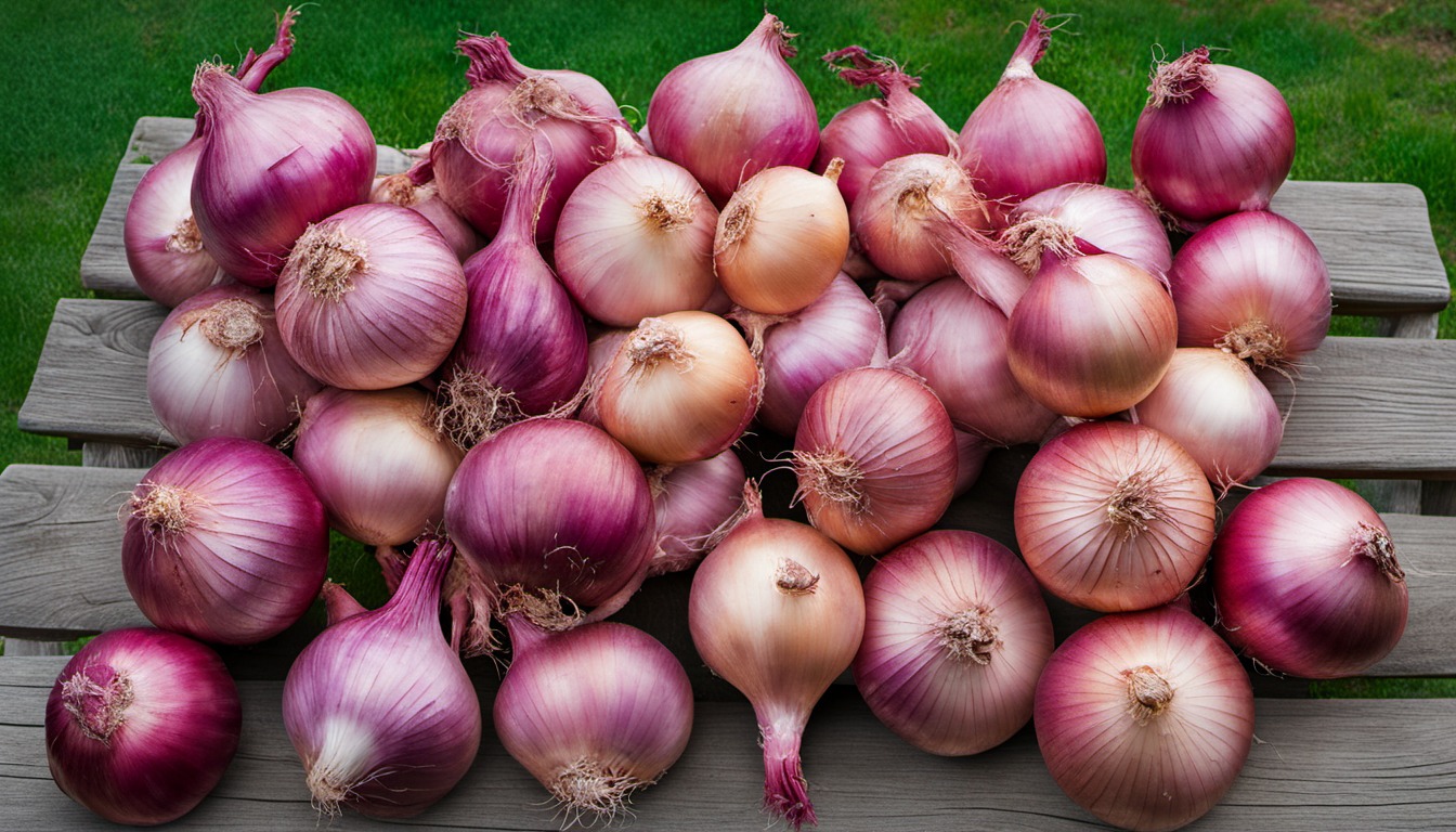Generated illustration: harvested onions on a wooden bench