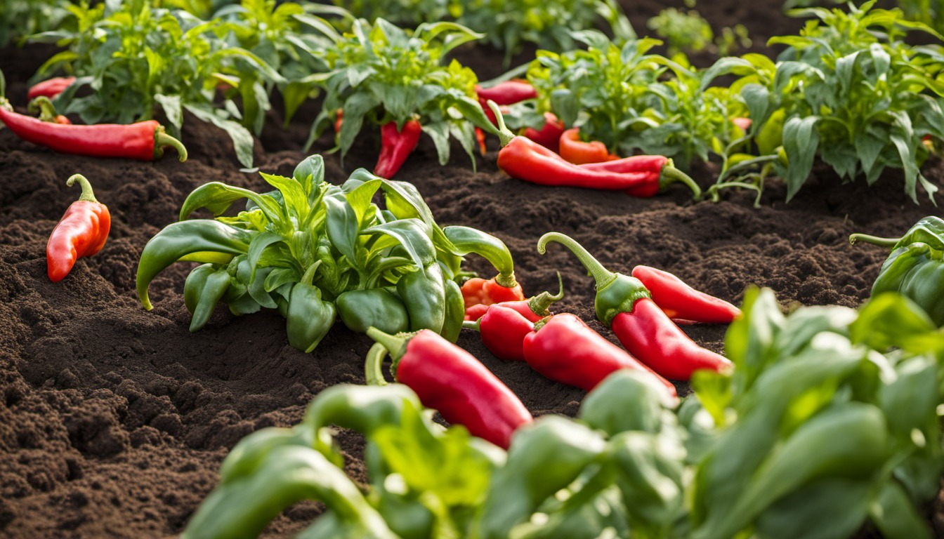 Generated illustration: healthy green and red peppers growing on plants